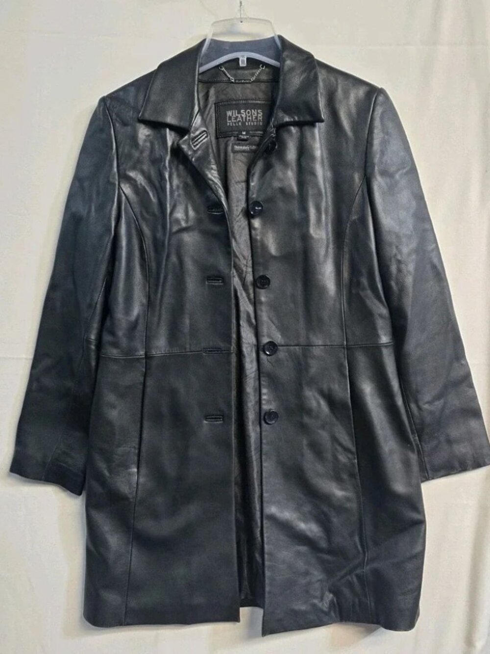 Wilson Leather Nora Button Down Leather Trench Coat Women's M Black Y2K